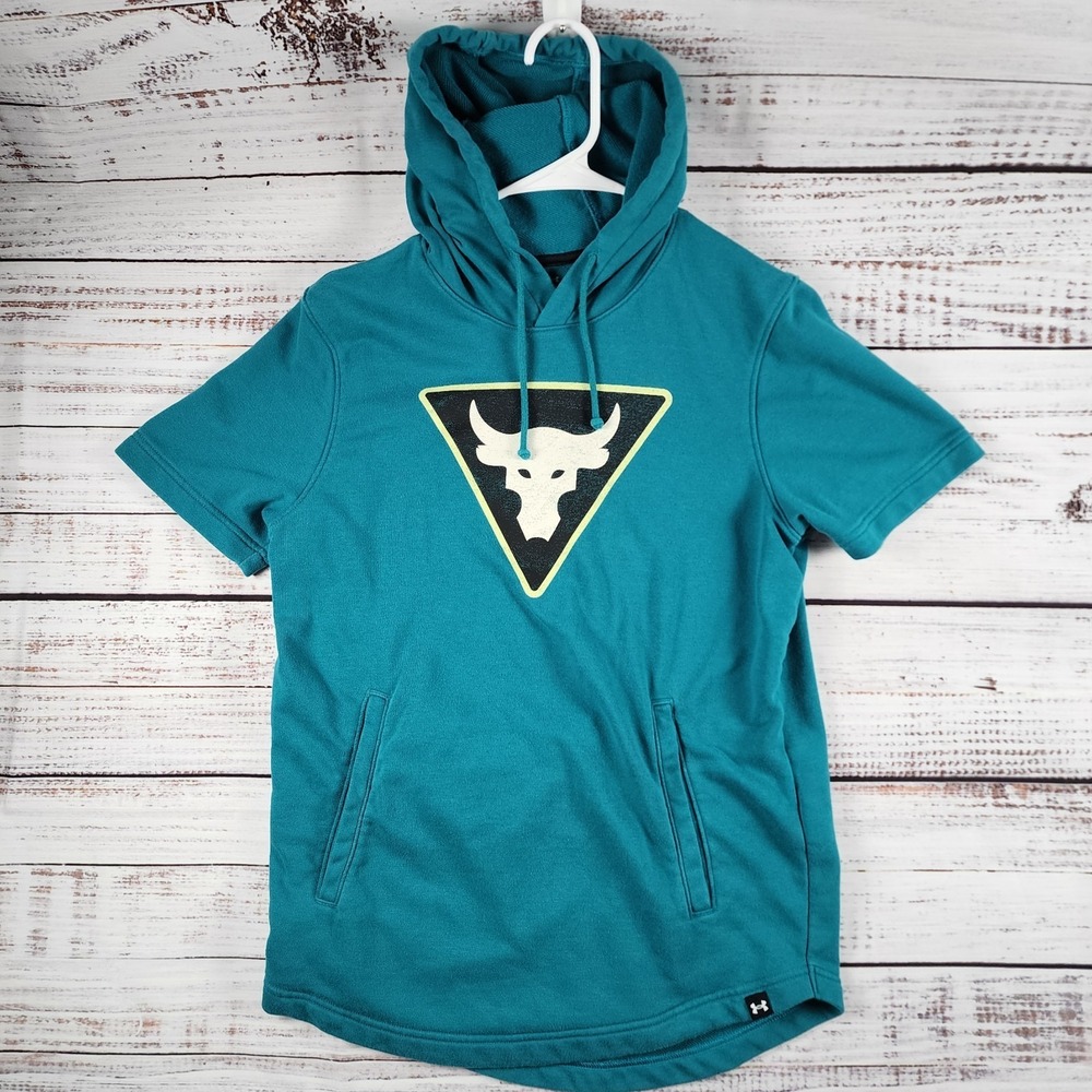 Under Armour Project Rock Hoodie Mens Small Terry Brahma Bull Logo Teal Blue